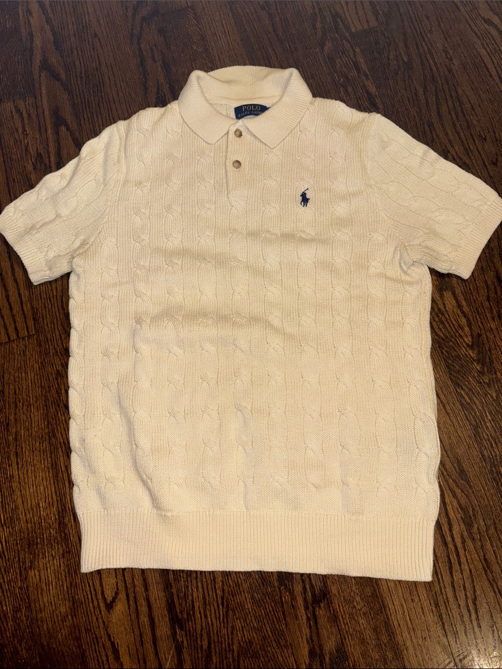 Polo by Ralph Lauren Cream Cable-Knit Short Sleeve Polo with Navy Pony